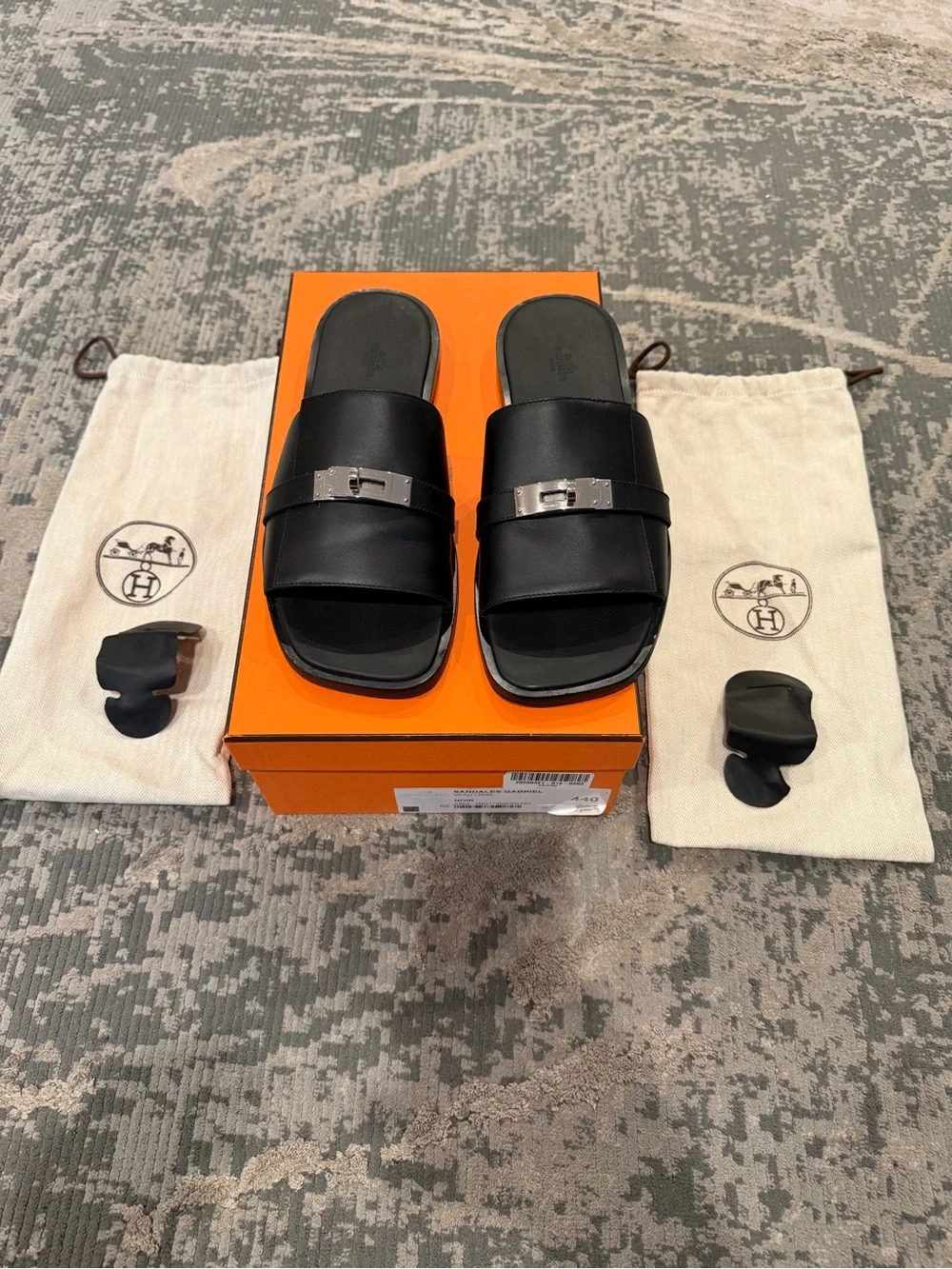 Hermes Black Leather Men's Slide Sandals with Silver Buckle